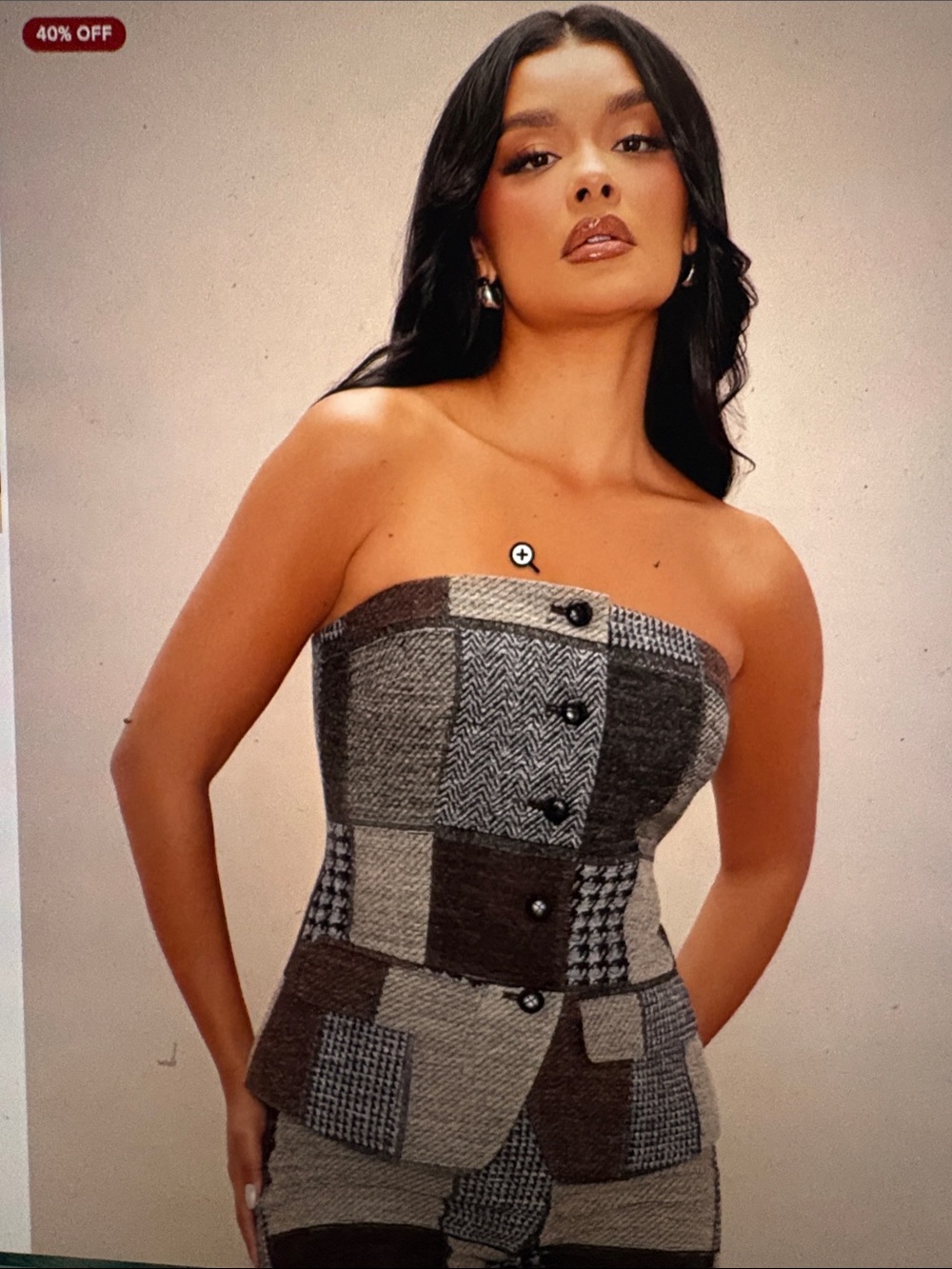 Fashion Nova Strapless Patchwork Tweed Bustier Dress in Gray and Brown